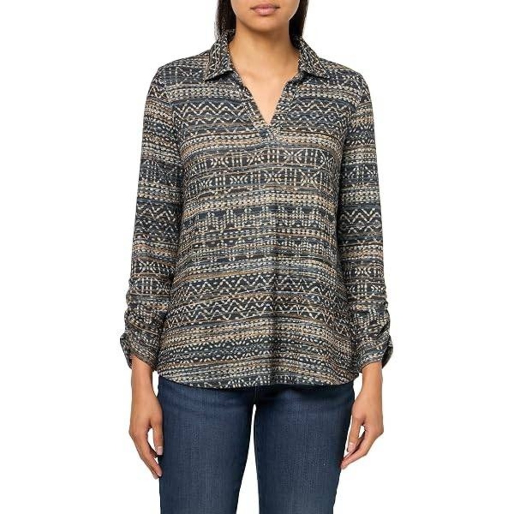Multiples Tribal‎ Print Top Women PM Charcoal Grey Geometric Ruched M44801TP